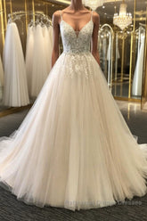 A Line V Neck Light Champagne Lace Semi Formal Prom Dresses, Light Champagne Lace Wedding Formal Dresses